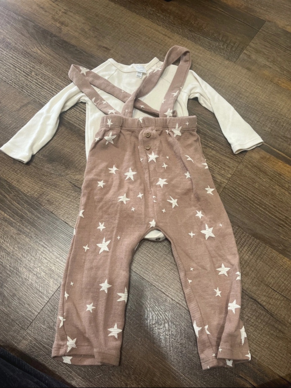 Baby Star Print Pink Suspender Pants with Cream Top
